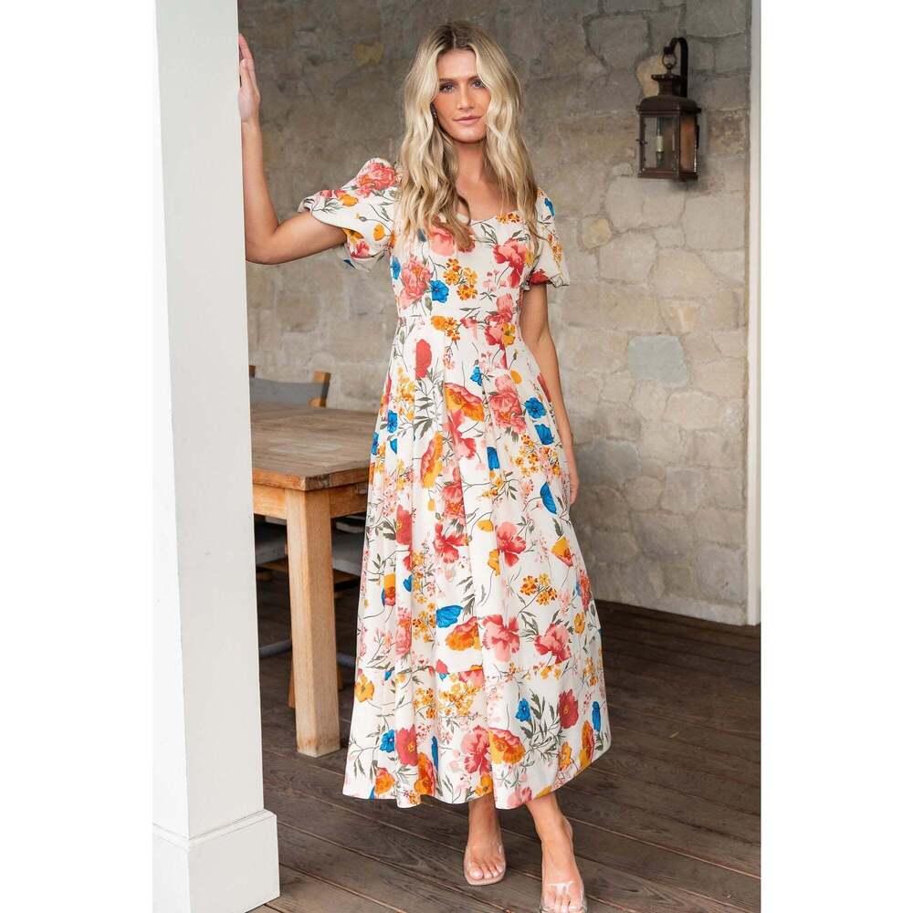Baltic Born Floral Maxi Dress in Cream with Orange, Pink & Blue Flowers